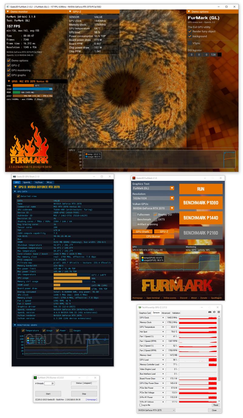 FurMark screenshot with test settings and benchmark controls.